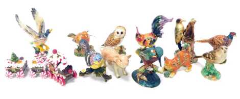 A group of enamel and stone set trinket boxes, to include a pig, 5cm high, mallard duck in flight, 12cm high, a kingfisher, 8cm high, pheasant, 7cm high, etc. (1 tray)