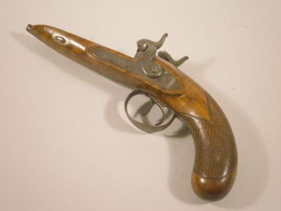 An early 19thC stock and action for a double barrelled percussion pistol by T E Lacey