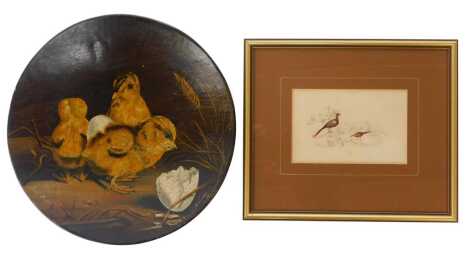 E Steevinson. Study of two pheasants, watercolour, attributed verso, 8.5cm x 13cm, together with a painted tin plate, depicting chicks, indistinctly signed and dated 1886, 15.5cm diameter.