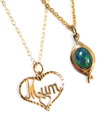 A 9ct gold Mum pendant and chain, on fine link pendant, 0.8g all in, and a gold plated and opal set pendant and chain. (2)