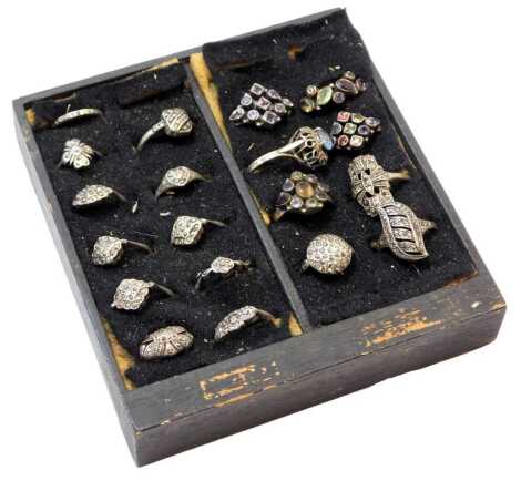 A group of silver and other dress rings, to include stone set clusters, multi stone set clusters, marcasite and others, some stamped 925. (a quantity)