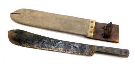 A machete, with ebonised handle, in a hide scabbard, 53cm long.