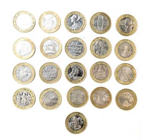 Twenty one two pound coins, in varying design, to include Florence, Science, DNA and others. (1 box)