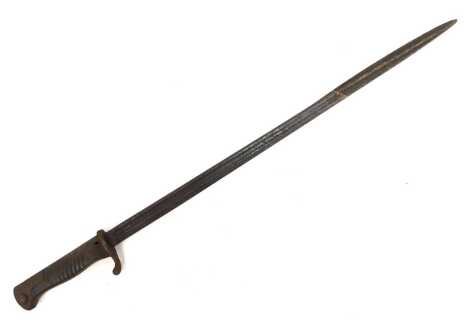 A 19th bayonet, with wooden handle, and plain shield, unmarked, 51cm long.