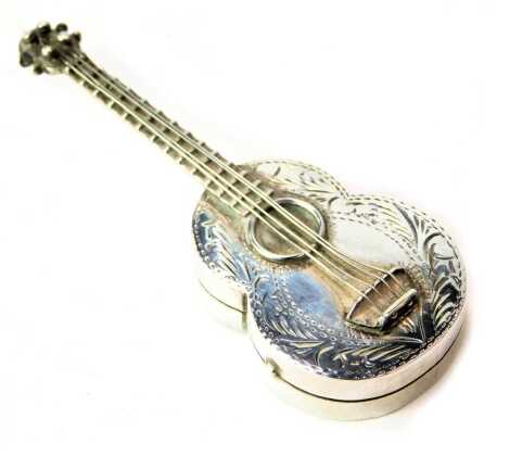 An Elizabeth II silver trinket box, modelled as an acoustic guitar, London 1994, 0.70oz, 8cm long.