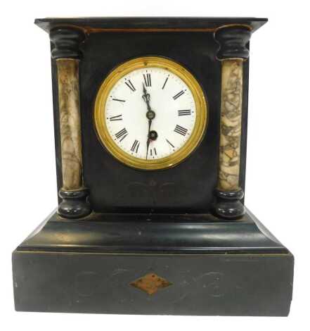 A Victorian slate and marble mantel clock, the circular white enamel dial bearing Roman numerals, thirty hour movement, the case with marble pilasters, on plinth base, 29cm high.