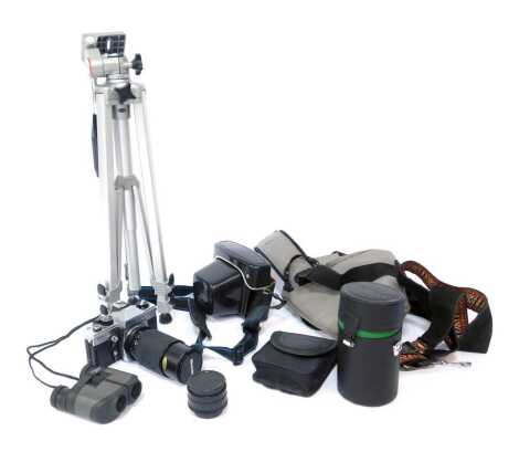 A group of cameras and equipment, including a Praktica MTL5 camera, together with a Miranda F=80x200mm lens, in canvas case, Brons 12x25 binoculars, and a Velbon tripod.