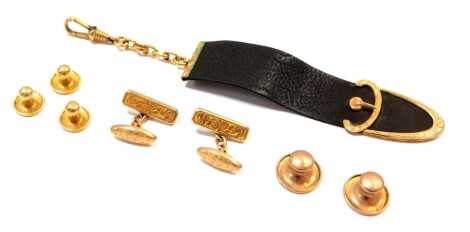 A group of 9ct gold and other jewellery, comprising a pair of 9ct gold floral bar cufflinks, assorted collar studs, comprising three stamped 18, 6.2g all in, two rolled gold studs, and a leather and gilt pendant clip. (a quantity)