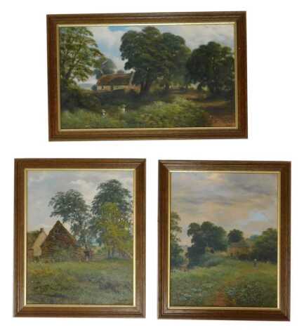 M. Shaw (20thC School). Three works, comprising figures picking flowers before cottage, 22.5cm x 38cm, a figure before watermill, 29cm x 23cm, and outbuilding, 29cm x 23cm, each an oil on board, two signed. (3)