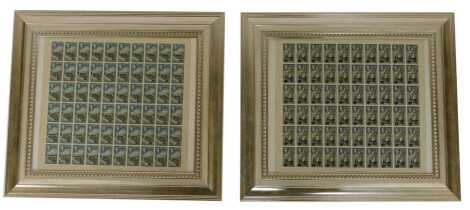 Philately. GB Ceylon commemoratives, Colombo Harbour 6c, and Plucking Tea 30c, both overstamped for 3 cents, blocks of sixty, framed and glazed. (2)