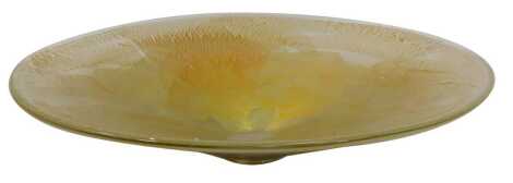 A late 20thC Adam Aaronson studio glass dish, with transfer gold decoration, signed indistinctly and dated 1999, 38cm wide.