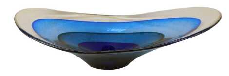 A Richard Glass Saturn oval bowl, decorated in bands of blue, etched mark, 40cm wide.