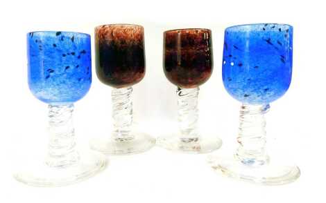 A pair of late 20thC glass goblets, with a speckled grey and red glass bowl, etched Shaks, 17.5cm high, and a pair of similar goblets, in blue with grey flecks, 16cm high. (4)