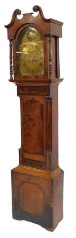 A 19thC mahogany and oak longcase clock, the brass break arch dial with Tempus Fugit roundel, above a chapter ring bearing Roman and Arabic numerals, subsidiary seconds dial, two train eight day movement with bell strike, the hood with broken arched pedim