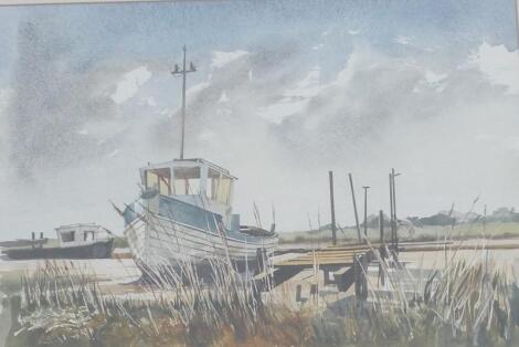 David Morris. Louth artist. Boat in dock on the Norfolk Broads