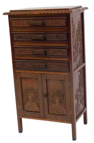 A carved hardwood side cabinet, of four drawers, over a pair of panelled doors, carved with bust profiles, the sides carved with landscapes, raised on square legs, 95cm high, 52cm wide, 37cm deep.