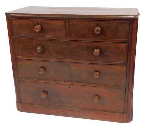 A Victorian mahogany chest, of two short over three long graduated drawers, the bottom drawer with inlaid plinth base, 101cm high, 116cm wide, 56cm deep.