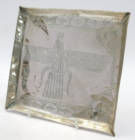 A Persian rectangular dish, decorated centrally with Faravahar, within a border of princely profiles and flowers, white metal, 24cm x 20cm.