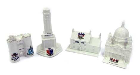 Crested wares, comprising St Paul's Cathedral City of London, 14cm high, Gynn Inn, a model of Blackpool's famous monument, Westgate CSSE Canterbury turrets, and Great Yarmouth WWI monument, 18cm high. (4)