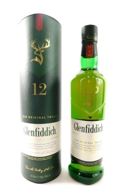 A bottle of Glenfiddich single malt Scotch whisky, aged twelve years, in original box and packaging.