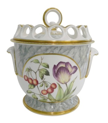 A late Royal Worcester porcelain ice pail, painted with fruit and flowers, initialled S.R, printed marks to underside, 25cm high.