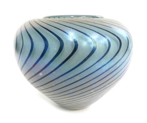 A David Wallace iridescent Art Glass vase, with swirl design, etched mark to underside, 14cm high.