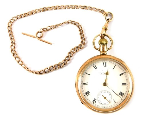 A 9ct gold Waltham pocket watch, engraved to the reverse Presented to Mr S Tyler From the Girls in the Inspection Department 1916, and a 9ct gold chain, 107.1g all in.