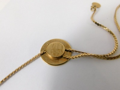 A 9ct gold pendant and chain, with disc shaped medallion and two small drops, on fine link chain, 5.5g. (AF) - 2