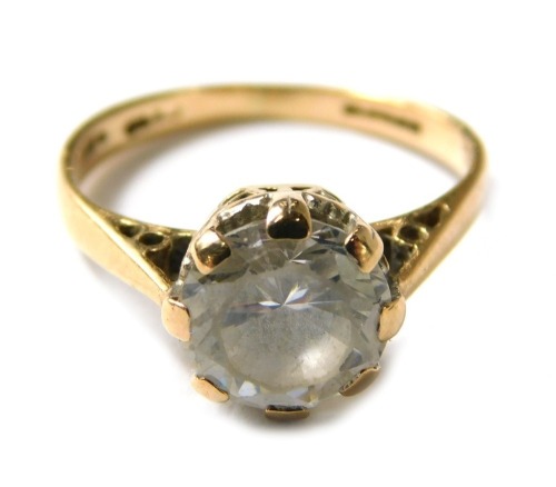 A single stone dress ring, set with oval cut white stone, yellow metal, stamped 9ct, ring size H, 2.1g.