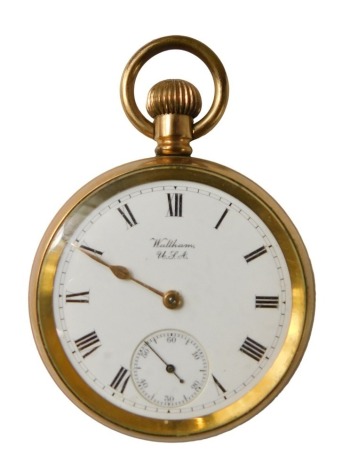 A Waltham USA gold plated pocket watch, the enamel dial with Roman numerals and with subsidiary seconds dial, the case monogrammed HA.