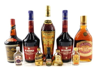 Various bottled spirits, to include Metaxa 7 Stars, Tia Maria, Glayva, cherry brandy and various miniatures, levels to miniatures low.