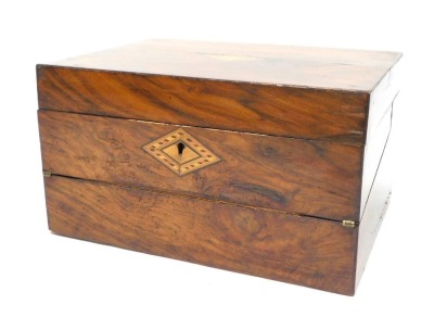 A Victorian walnut and parquetry writing box, 30cm wide.