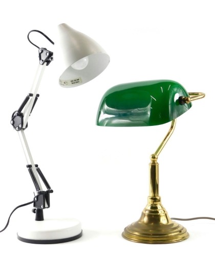 A brass and green glass desk lamp, 36cm high, and an Anglepoise style lamp. (2)