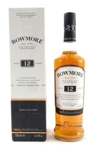 A bottle of Bowmore Islay single malt Scotch whisky, aged twelve years, in original box and packaging.