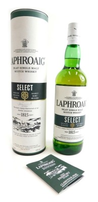 A bottle of Laphroaig Islay single malt select whisky.