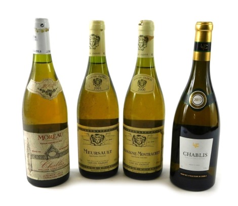 Two bottles of Louis Jadot, Meursault and Chassange-Montrachet, a bottle of Moreau Chablis, and another bottle of Chablis. (4)