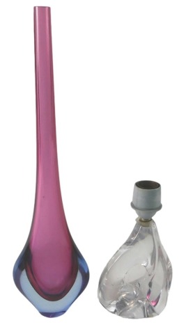 A Daum sculptural Art Glass small table lamp, engrave Daum France, 18cm high, and an Italian style glass bottle vase, 38cm high. (2)