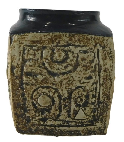 A Troika square sectioned slab vase, decorated with geometric devices, maker's name to underside and initials AJ, 9cm high.