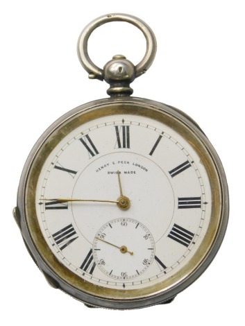 A white metal pocket watch, the enamel dial stamped Henry E Peck London, Swiss made, case stamped 0.935, 5cm diameter.