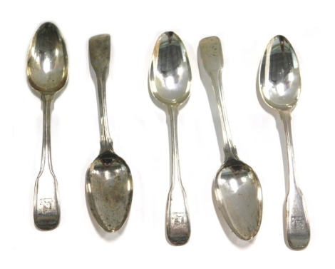 A set of five George III silver fiddle and thread pattern dessert spoons, London 1910, 6.3oz.