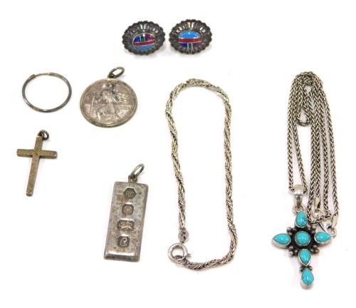 A group of silver and other jewellery, comprising a white metal and turquoise set crucifix pendant and chain stamped 925, silver ingot, pendant dress ring, bracelet, etc., 30g.