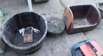 A wooden barrel, together with sun dial, salt glaze trough, 63cm wide.