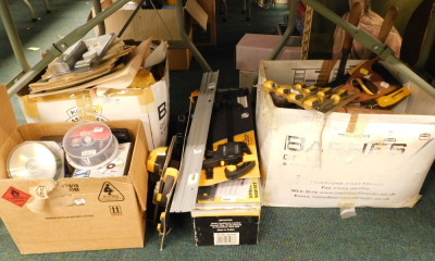 Various tools, to include a Workzone Crossline laser level, ratcheting clamp set, screwdrivers, three piece saw set, CD roms, etc. (contents under one table)