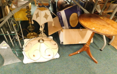 Various table lamps, together with a metal three branch candle stand, uplighter, Palani toilet seat, etc. (contents under one table)