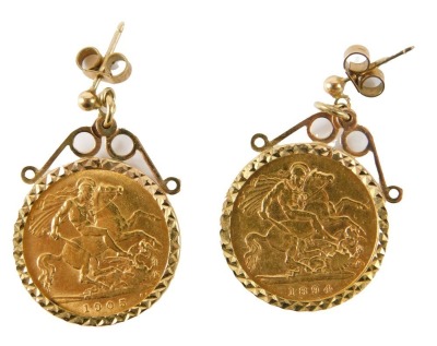 A pair of 9ct gold earrings, each inset with an Edward VII 1905 and a Victorian 1894 gold half sovereign, 10.1g all in.