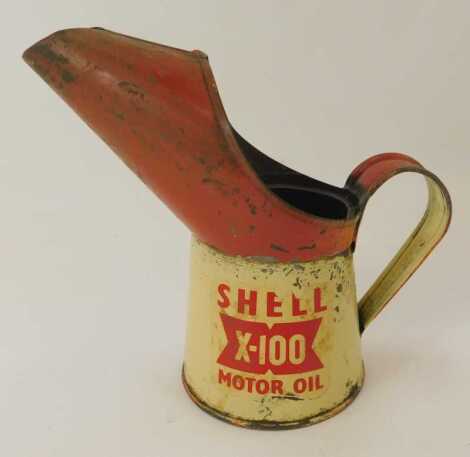 A painted metal motor oil can, bearing label for Shell X-100, 15cm high.