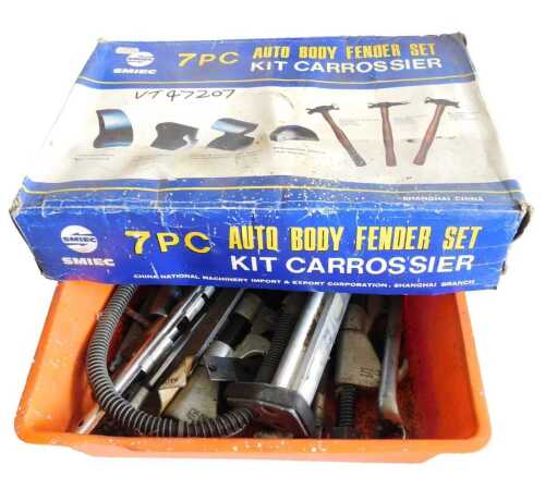 A Smiec seven piece auto body fender set, various sockets, air tools, etc. (1 box)