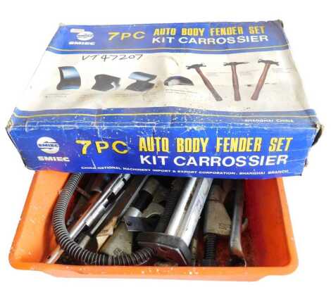 A Smiec seven piece auto body fender set, various sockets, air tools, etc. (1 box)