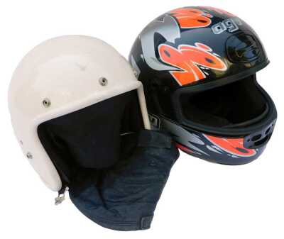 An AGV crash helmet, an open face helmet and a leather flying helmet. (3)