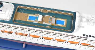 An Italian scale model of the P&O cruise ship Regal Princess, on a blue base, with glass cover, bearing label for Roberto Leanduzzi, model 162cm wide. - 3